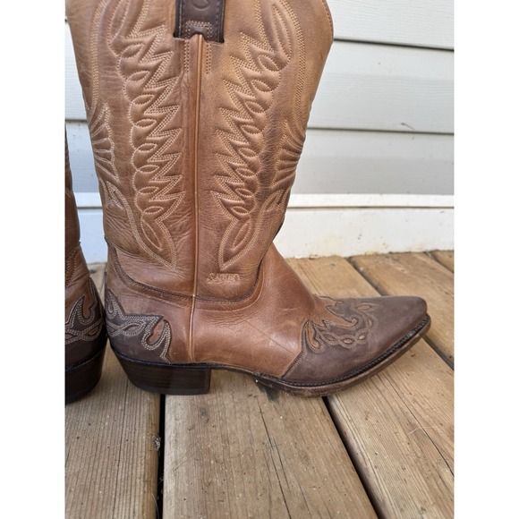 Sancho Boots Mens 9 Brown Leather Western Cowboy 2 Toned Bug Point Toe Spain - Picture 5 of 16